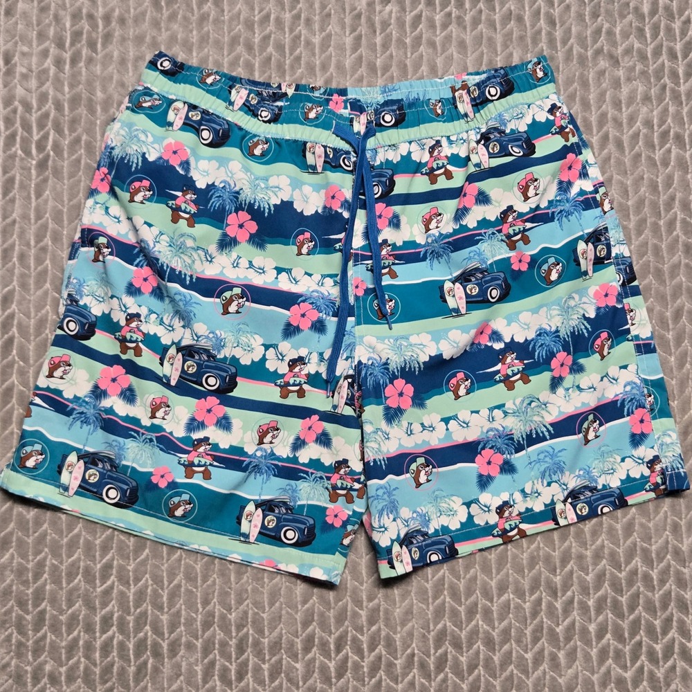 Buc-ee's Mens Blue Tropical Surfboard Beaver Swim Trunks Shorts 2X Woody Car